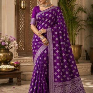 Purple dyeable Banarasi saree with silver zari butis and a floral border
