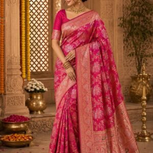 Rani pink Katan silk Banarasi saree with floral jaal and zari borders